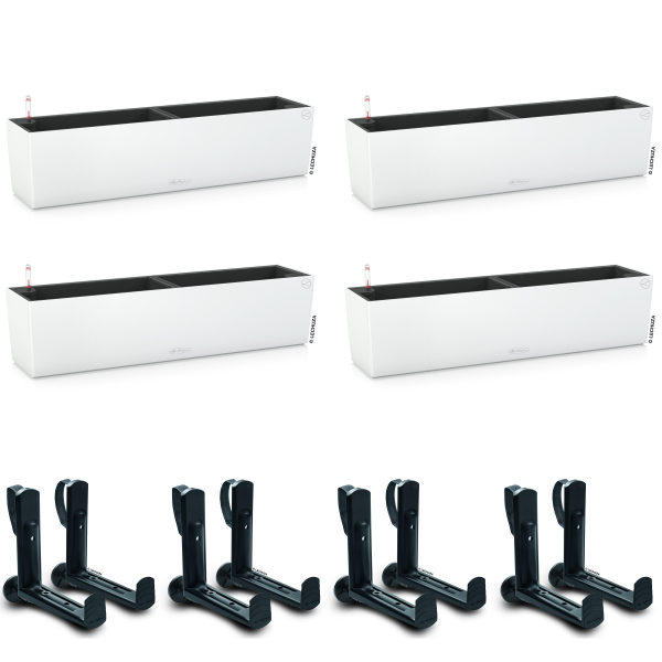 LECHUZA® Blumenkasten BALCONERA Color 80 Weiß All-in-One x 4 + 8 Halter