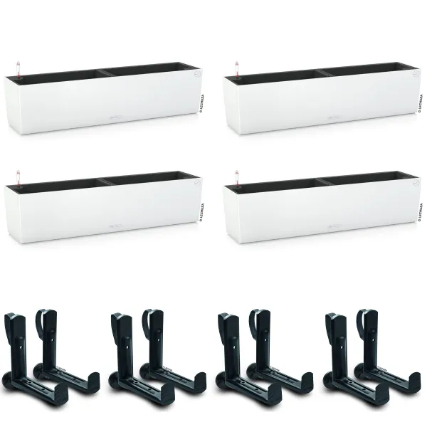 LECHUZA® Blumenkasten BALCONERA Color 80 Weiß All-in-One x 4 + 8 Halter