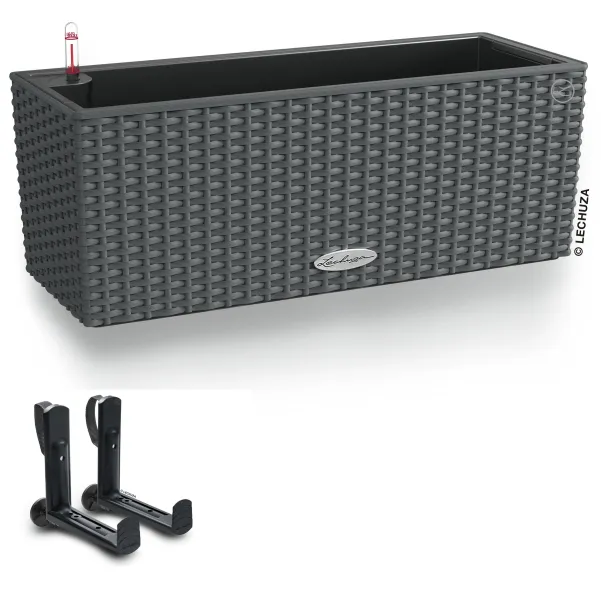 LECHUZA® Blumenkasten BALCONERA Cottage 50 Granit All-in-One + 2 Halter