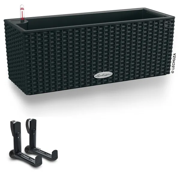 LECHUZA® Blumenkasten BALCONERA Cottage 50 Graphitschwarz All-in-One + 2 Halter