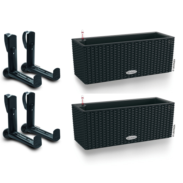 LECHUZA® Blumenkasten BALCONERA Cottage 50 Graphitschwarz All-in-One x 2 + 4 Halter
