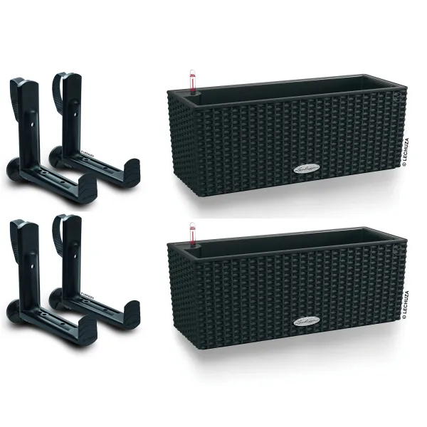 LECHUZA® Blumenkasten BALCONERA Cottage 50 Graphitschwarz All-in-One x 2 + 4 Halter