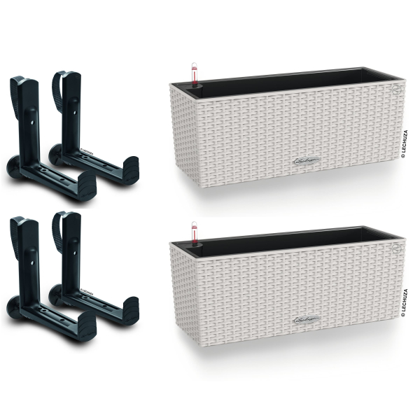 LECHUZA® Blumenkasten BALCONERA Cottage 50 Lichtgrau All-in-One x 2 + 4 Halter