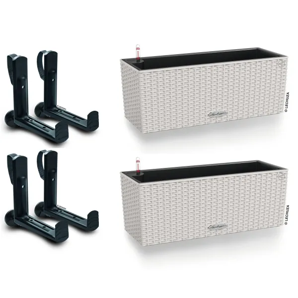 LECHUZA® Blumenkasten BALCONERA Cottage 50 Lichtgrau All-in-One x 2 + 4 Halter