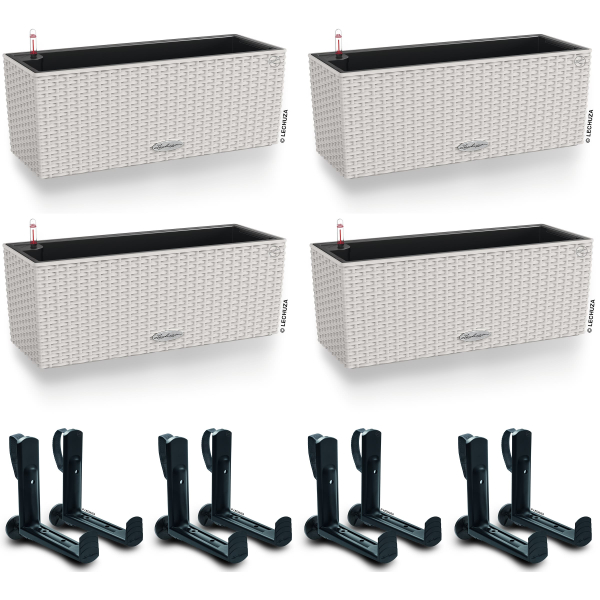 LECHUZA® Blumenkasten BALCONERA Cottage 50 Lichtgrau All-in-One x 4 + 8 Halter