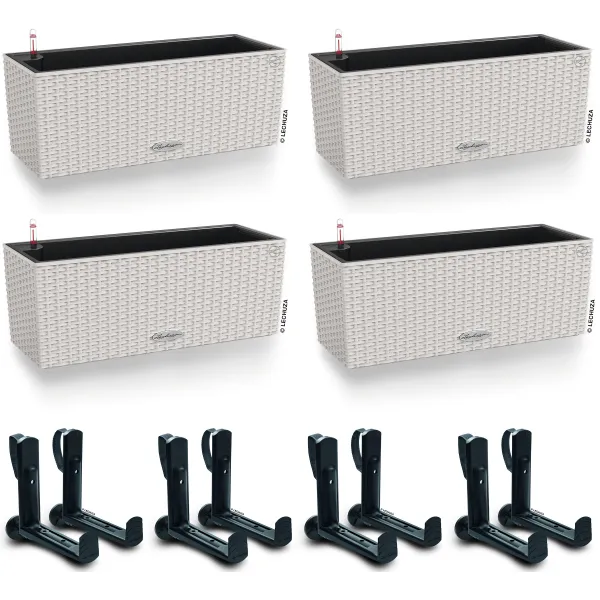 LECHUZA® Blumenkasten BALCONERA Cottage 50 Lichtgrau All-in-One x 4 + 8 Halter