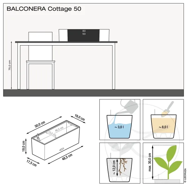 LECHUZA® Blumenkasten BALCONERA Cottage 50 Mokka All-in-One