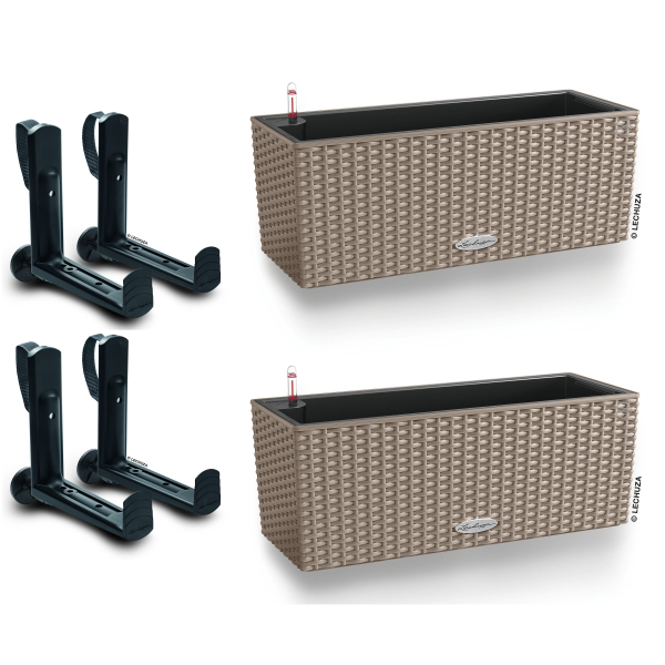 LECHUZA® Blumenkasten BALCONERA Cottage 50 Sandbraun All-in-One x 2 + 4 Halter