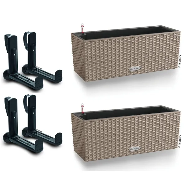 LECHUZA® Blumenkasten BALCONERA Cottage 50 Sandbraun All-in-One x 2 + 4 Halter