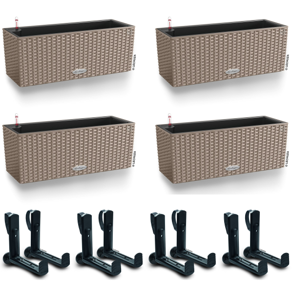 LECHUZA® Blumenkasten BALCONERA Cottage 50 Sandbraun All-in-One x 4 + 8 Halter