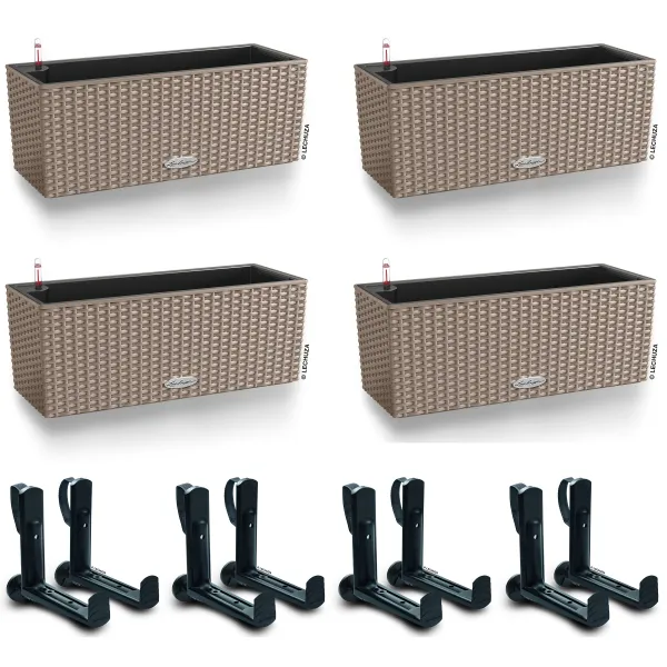 LECHUZA® Blumenkasten BALCONERA Cottage 50 Sandbraun All-in-One x 4 + 8 Halter
