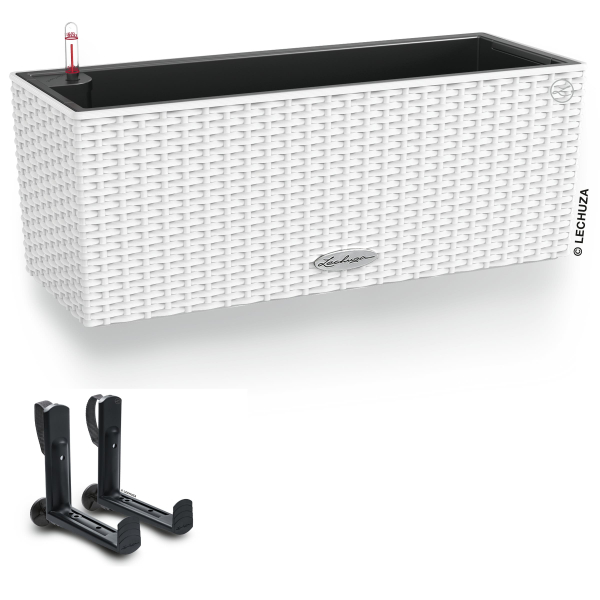 LECHUZA® Blumenkasten BALCONERA Cottage 50 Weiß All-in-One + 2 Halter