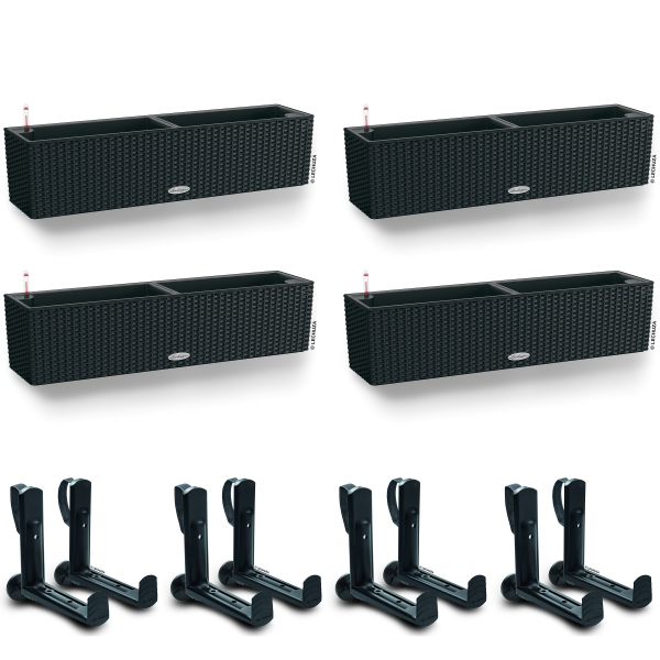 LECHUZA® Blumenkasten BALCONERA Cottage 80 Graphitschwarz All-in-One x 4 + 8 Halter