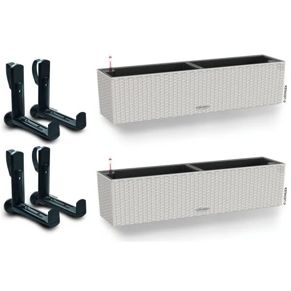 LECHUZA® Blumenkasten BALCONERA Cottage 80 Lichtgrau All-in-One x 2 + 4 Halter