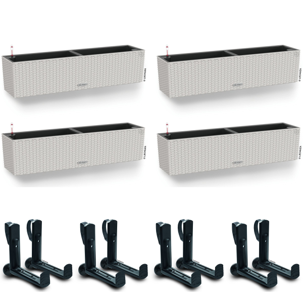 LECHUZA® Blumenkasten BALCONERA Cottage 80 Lichtgrau All-in-One x 4 + 8 Halter