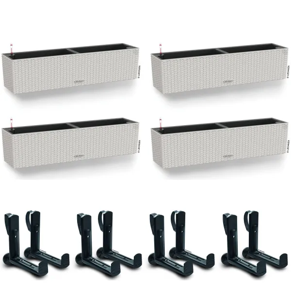 LECHUZA® Blumenkasten BALCONERA Cottage 80 Lichtgrau All-in-One x 4 + 8 Halter