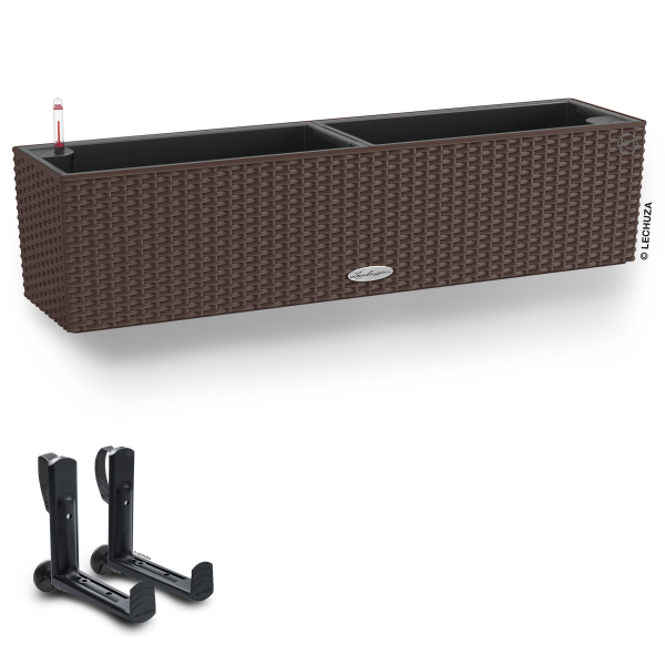 LECHUZA® Blumenkasten BALCONERA Cottage 80 Mokka All-in-One + 2 Halter