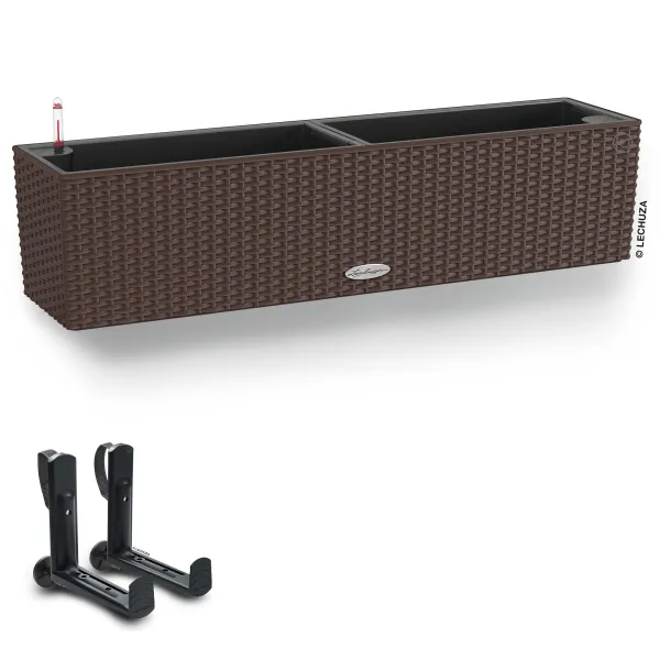 LECHUZA® Blumenkasten BALCONERA Cottage 80 Mokka All-in-One + 2 Halter