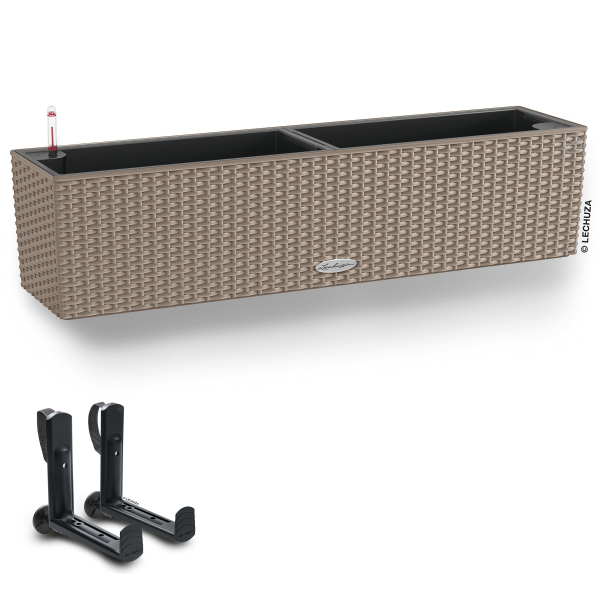 LECHUZA® Blumenkasten BALCONERA Cottage 80 Sandbraun All-in-One + 2 Halter