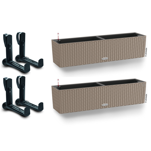 LECHUZA® Blumenkasten BALCONERA Cottage 80 Sandbraun All-in-One x 2 + 4 Halter