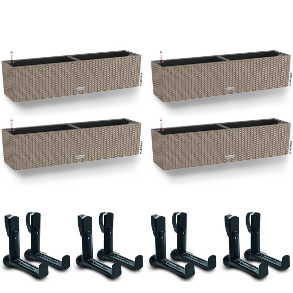 LECHUZA® Blumenkasten BALCONERA Cottage 80 Sandbraun All-in-One x 4 + 8 Halter