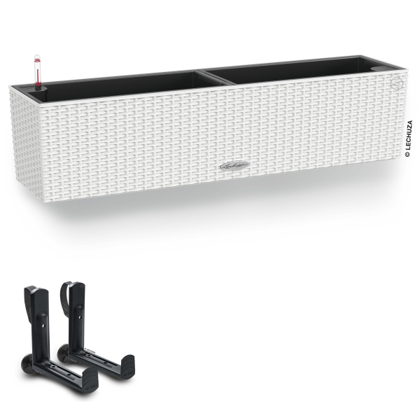 LECHUZA® Blumenkasten BALCONERA Cottage 80 Weiß All-in-One + 2 Halter
