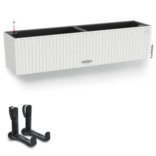 LECHUZA® Blumenkasten BALCONERA Cottage 80 Weiß All-in-One + 2 Halter