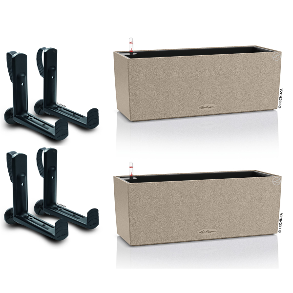 LECHUZA® Blumenkasten BALCONERA Stone 50 Sandbeige All-in-One x 2 + 4 Halter