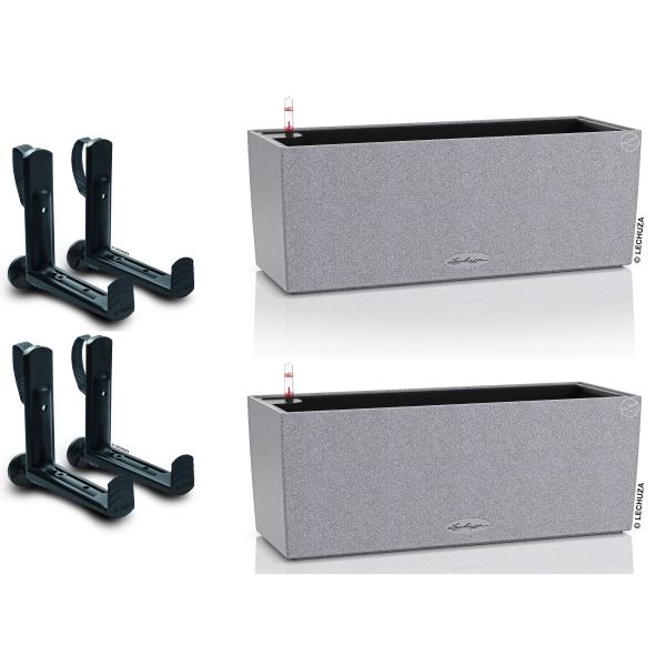 LECHUZA® Blumenkasten BALCONERA Stone 50 Steingrau All-in-One x 2 + 4 Halter