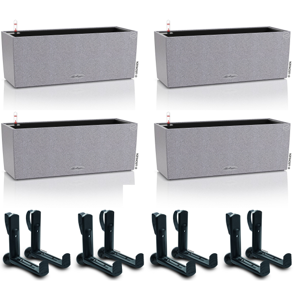 LECHUZA® Blumenkasten BALCONERA Stone 50 Steingrau All-in-One x 4 + 8 Halter