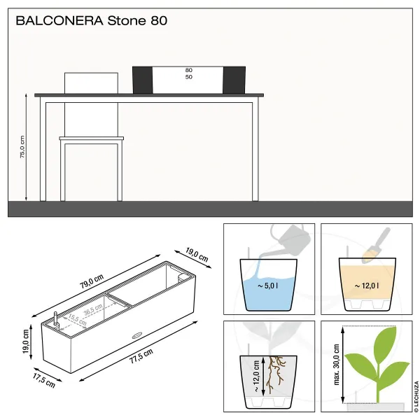 LECHUZA® Blumenkasten BALCONERA Stone 80 Graphitschwarz All-in-One