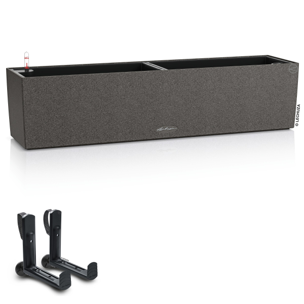 LECHUZA® Blumenkasten BALCONERA Stone 80 Graphitschwarz All-in-One + 2 Halter