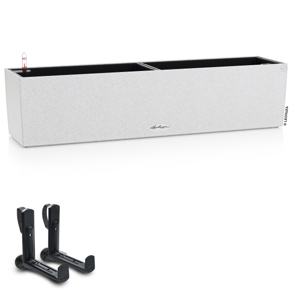 LECHUZA® Blumenkasten BALCONERA Stone 80 Quarzweiß All-in-One + 2 Halter 