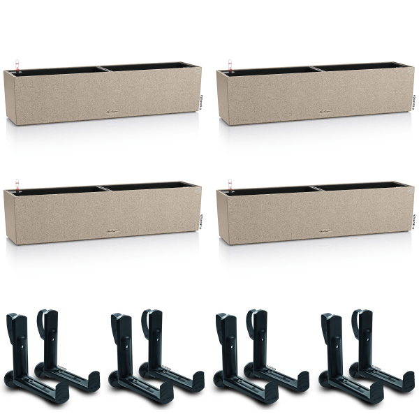 LECHUZA® Blumenkasten BALCONERA Stone 80 Sandbeige All-in-One x 4 + 8 Halter