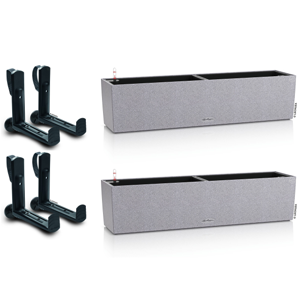 LECHUZA® Blumenkasten BALCONERA Stone 80 Steingrau All-in-One x 2 + 4 Halter
