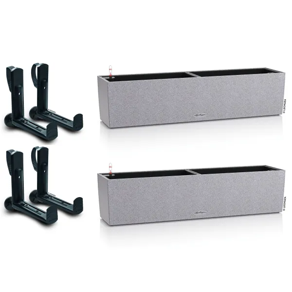 LECHUZA® Blumenkasten BALCONERA Stone 80 Steingrau All-in-One x 2 + 4 Halter