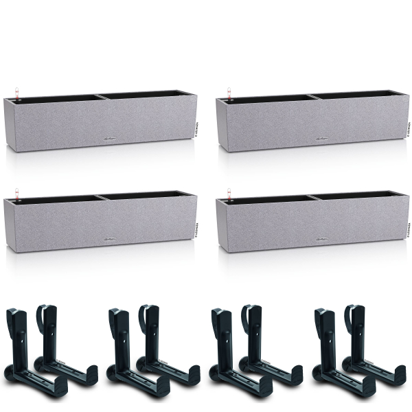 LECHUZA® Blumenkasten BALCONERA Stone 80 Steingrau All-in-One x 4 + 8 Halter