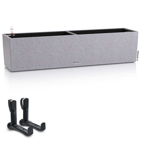 LECHUZA® Blumenkasten BALCONERA Stone 80 Steingrau All-in-One + 2 Halter