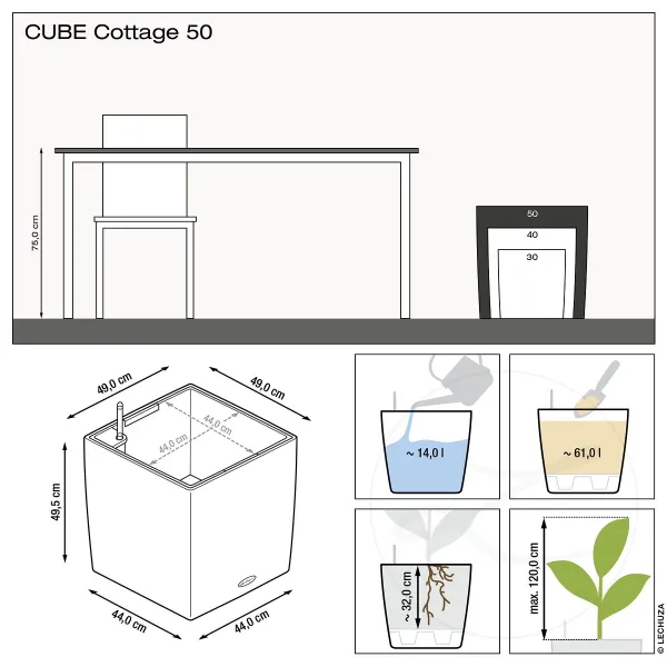 LECHUZA® CUBE Cottage 50 cm Komplettset, Graphitschwarz