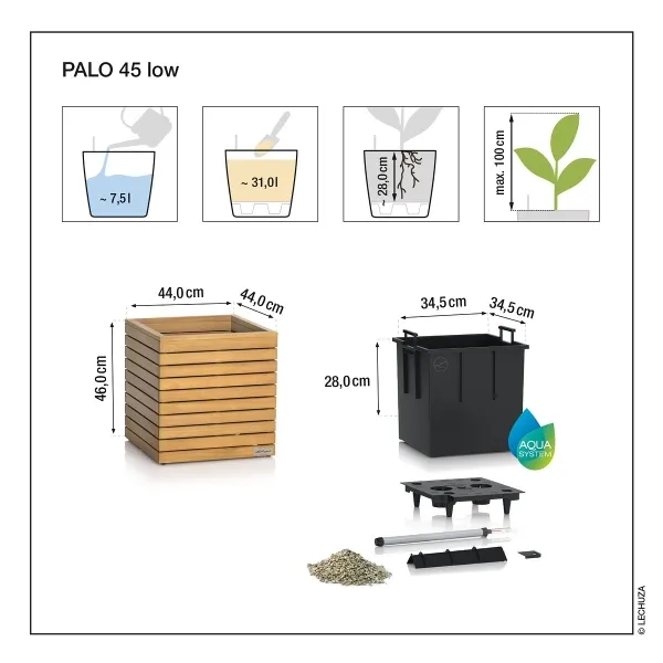 LECHUZA® PALO Natural Wood 45 low - Komplettset FSC 100 % Eukalyptus grandis