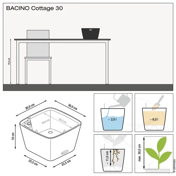 LECHUZA® Pflanzgefäße BACINO Cottage 30 Granit All-in-One