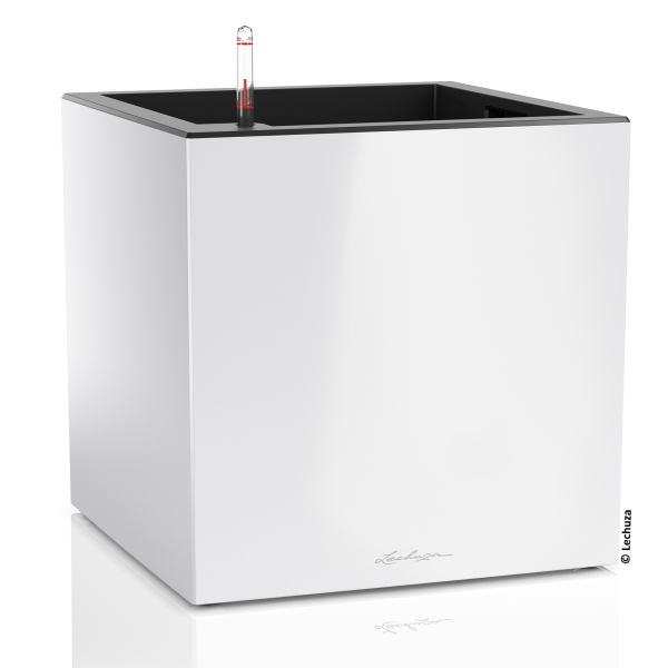 LECHUZA® Pflanzgefäße CANTO Premium 40 Low Würfel Weiß hochglänzende Oberfläche All-in-One
