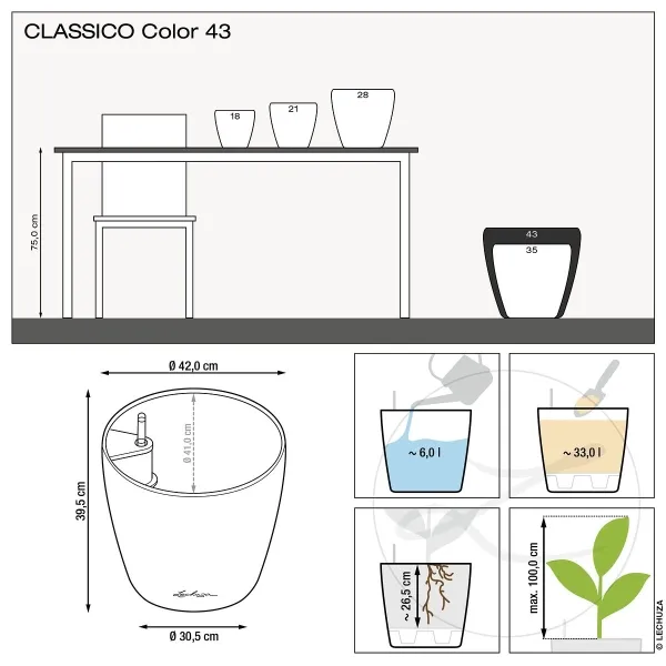 LECHUZA® Pflanzgefäße CLASSICO Color 43 Schiefergrau seidenmatt All-in-One