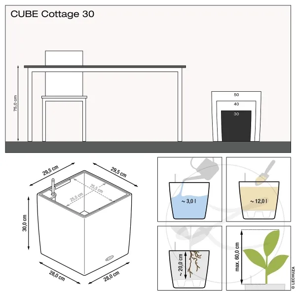LECHUZA® Pflanzgefäße CUBE Cottage 30 Weiß All-in-One