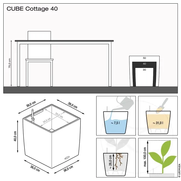 LECHUZA® Pflanzgefäße CUBE Cottage 40 Weiß All-in-One