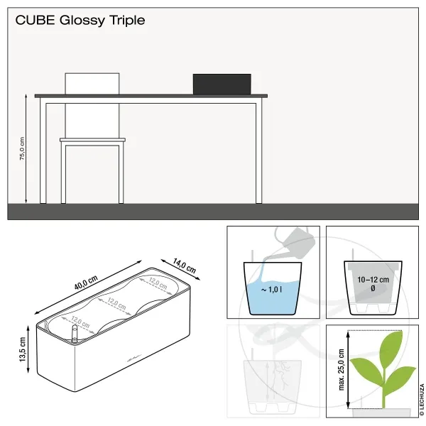 LECHUZA® Pflanzgefäße CUBE Glossy Triple Weiß hochglänzend