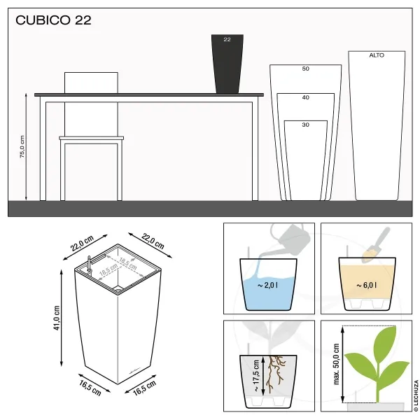 LECHUZA® Pflanzgefäße CUBICO 22 Weiß hochglänzend All-in-One