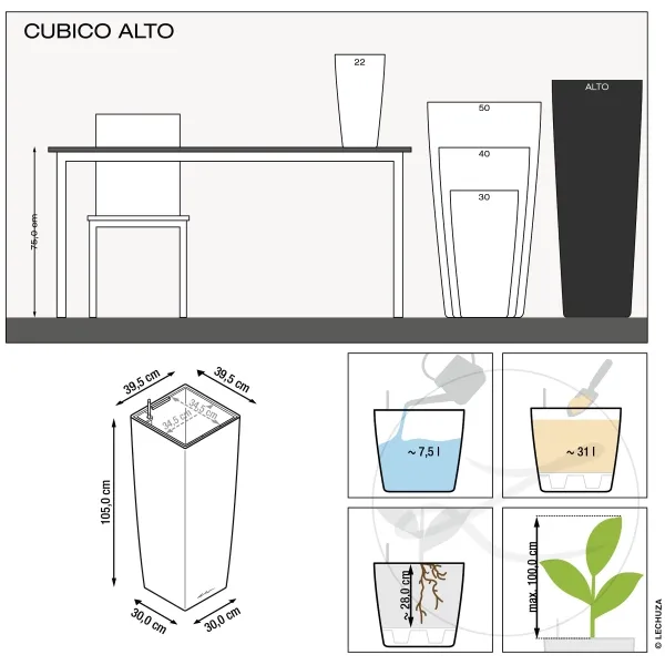 LECHUZA® Pflanzgefäße CUBICO ALTO Premium 40 Silber metallic All-in-One