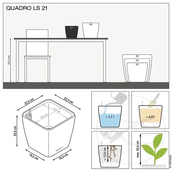 LECHUZA® Pflanzgefäße QUADRO LS 21 Schwarz hochglänzend All-in-One