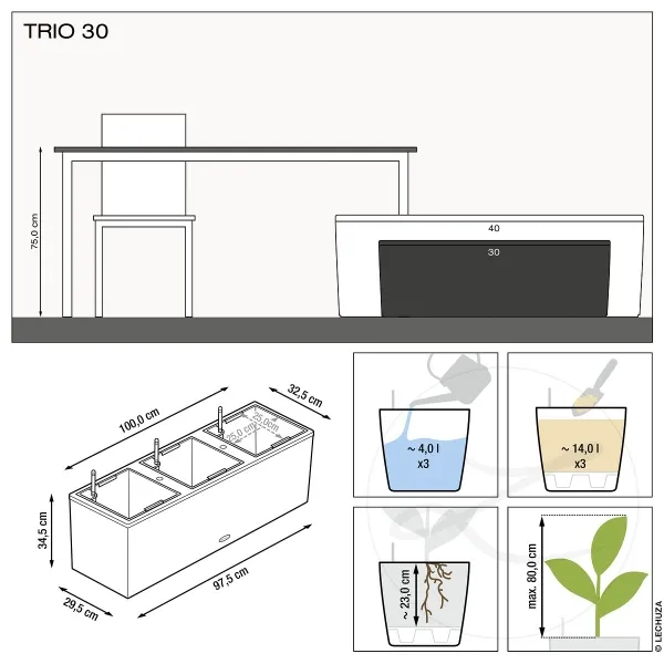 LECHUZA® Pflanzkasten TRIO Cottage 30 Lichtgrau mit 3 Einsätzen All-in-One